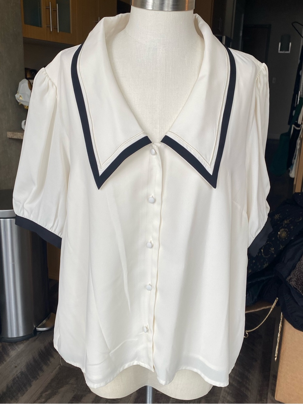 CeCe Button-Front Blouse with Black Trim Sailor Collar